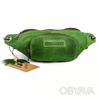 Поясная сумка кожаная мужская или женская зеленая Hill Burry HB3314. Передний на. . фото 1