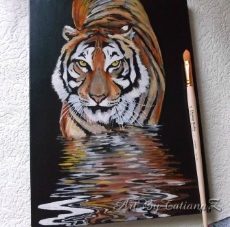Картина "Тигр ночью" выполнена масляными красками на черном холсте с д. . фото 2