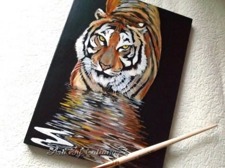 Картина "Тигр ночью" выполнена масляными красками на черном холсте с д. . фото 3