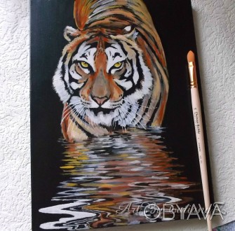 Картина "Тигр ночью" выполнена масляными красками на черном холсте с д. . фото 1
