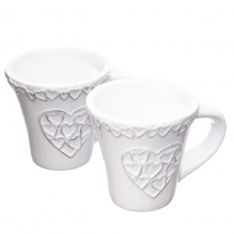 Набор "Сердца" из 2 чашек с блюдцами - керамическая посуда белого цвета с объемн. . фото 3