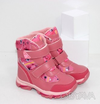Теплые розовые зимние ботинки на меху для девочки. Застежки липучки с молнией. В. . фото 1