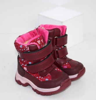 Теплые бордовіе зимние ботинки на меху для девочки. Застежки липучки с молнией. . . фото 2