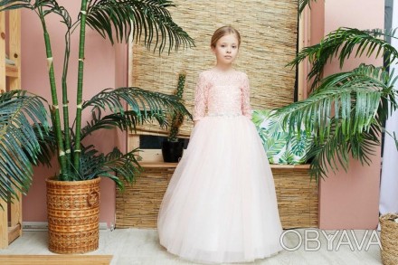 Платье детское нарядное с рукавами на 7-10 лет персиковое