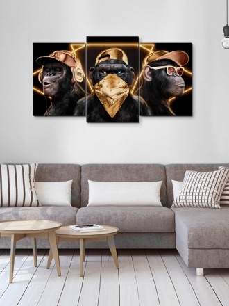 Модульная картина "Три мудрые обезьяны в золоте" из трех частей. День Рождения и. . фото 4