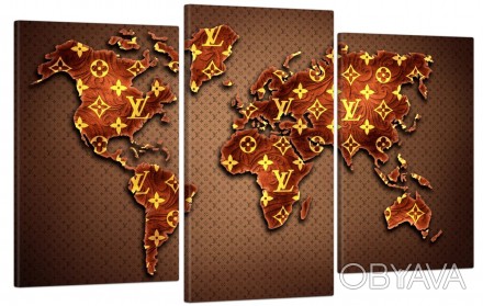 Модульная картина "Карта мира в коричневых цветах" из трех частей. День Рождения. . фото 1