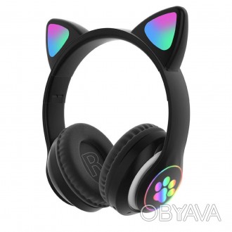 Беспроводные Bluetooth наушники Cat STN-28 с кошачьими ушками и LED подсветкой Ч. . фото 1
