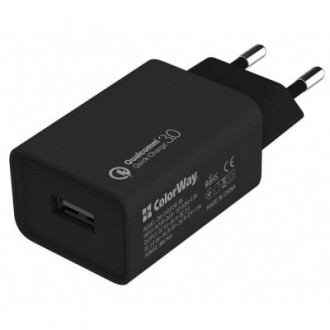 Зарядное устройство ColorWay 1USB Quick Charge 3.0 (18W) black + cable Lightning. . фото 2