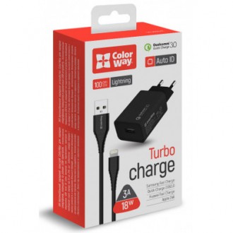 Зарядное устройство ColorWay 1USB Quick Charge 3.0 (18W) black + cable Lightning. . фото 9