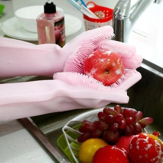  Перчатки силиконовые Kitchen Tools для уборки дома, мытья посуды или авто Розов. . фото 3