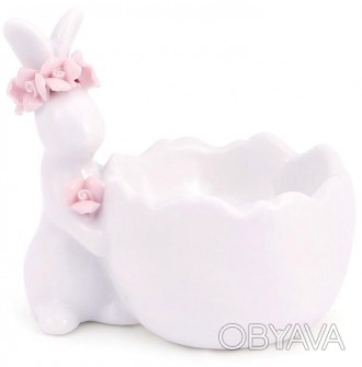 Подставка для яйца "Кролик с розовым веночком" декорирована фигуркой белого крол. . фото 1