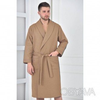 Бежевый вафельный натуральный мужской халат на запах Пике 100% Хлопок, Турция
Бе. . фото 1