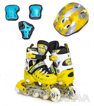 Детские ролики + защита + шлем Scale Sport. Желтый цвет. Размер 38-41
Комплект р. . фото 1