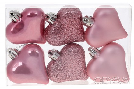 Набор елочных украшений Сердца 6см, цвет - розовый фламинго, 6 шт.: перламутр, м. . фото 1