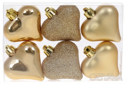 Набор елочных украшений Сердца 6см, цвет - золото, 6 шт.: перламутр, матовый, гл. . фото 1