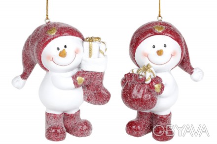 Декоративная подвесная фигурка Снеговик с подарком, 10см, 2 дизайна, цвет - борд. . фото 1