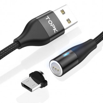 Магнітний кабель для заряджання Topk USB 1m Quick Charge 5A MicroUSB Black зі шв. . фото 2