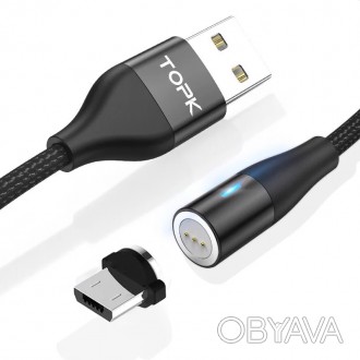 Магнітний кабель для заряджання Topk USB 1m Quick Charge 5A MicroUSB Black зі шв. . фото 1