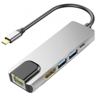 Багатопортовий USB-C хаб на 5 роз'ємів для заряджання, передачі даних та трансля. . фото 2