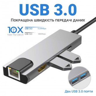 Багатопортовий USB-C хаб на 5 роз'ємів для заряджання, передачі даних та трансля. . фото 9