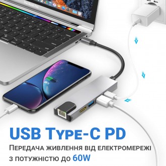 Багатопортовий USB-C хаб на 5 роз'ємів для заряджання, передачі даних та трансля. . фото 10