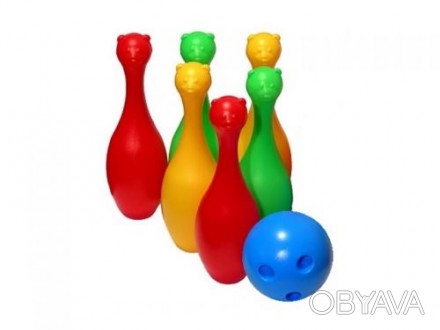Набор "Кегли мишки". Кегли (6 штук) разного цвета + 1 шар для боулинга с отверст. . фото 1