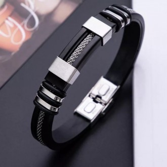 
 
 Мужской кожаный браслет со стальными вставками Black/Silver
Кожаные браслеты. . фото 7
