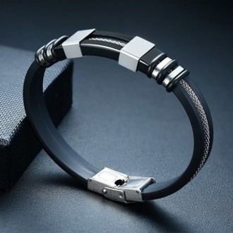 
 
 Мужской кожаный браслет со стальными вставками Black/Silver
Кожаные браслеты. . фото 4