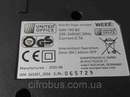 Знищувач паперів шредер Б/У United Office UAV 190 B2. . фото 7 Знищувач документів
Швидко подрібнює документи та папір на паперові смужки завши. . фото 7