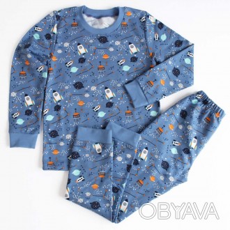 Тепла дитяча піжама з штанами та кофтою на довгий рукав синя з космічним принтом. . фото 1