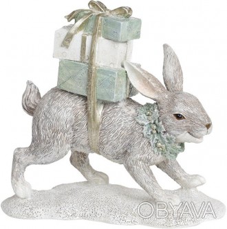 Декоративная статуэтка "Серый Зайчик с подарками". Материал - полистоун (искусст. . фото 1