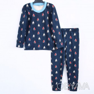 Дитяча піжама для хлопчика темно-синя з корабликами з штанами та кофтою на довги. . фото 1