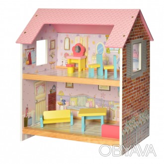 Будиночок ляльковий двоповерховий дерев'яний з меблями Стильний дерев'ян. . фото 1