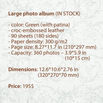 Большой фотоальбом (в наличии)

- цвет: зеленый (с патиной)
- кожа, тисненая . . фото 6