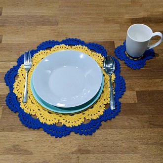 Декоративное желто-синие салфетки для сервировки стола под тарелки и чашки – под. . фото 2