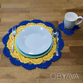 Декоративное желто-синие салфетки для сервировки стола под тарелки и чашки – под. . фото 1