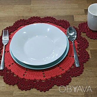 Сервировочные салфетки бордово- караловые для под тарелки и чашки – подарочный н. . фото 1