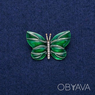 Брошка Метелик із зеленою емаллю і стразами 22х33мм, золотистий метал купить биж. . фото 1