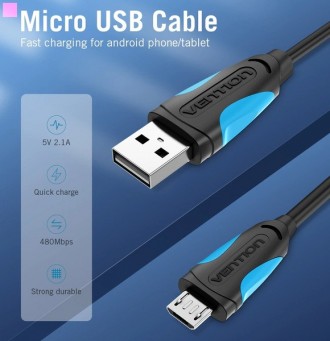 Кабель Vention USB-A 2.0 - microUSB B, 1.5 m, Black 
 
Отправка данного товара п. . фото 4