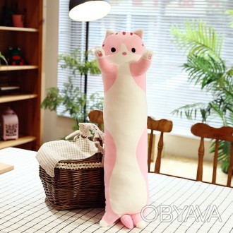 Мягкая игрушка кот батон подушка Розовый 47 см, длинный кот багет игрушка | поду
