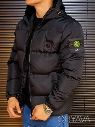 Куртка пуховик мужская еврозима чёрная с капюшоном фирменная Stone Island (Стон 