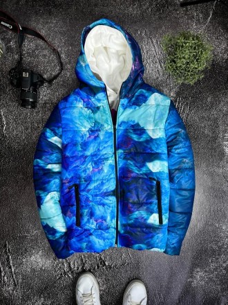 
Куртка мужская весна-осень голубая с капюшоном с принтом демисезонная утеплённа. . фото 2