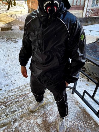 Cпортивный костюм мужской черный демисезонный с капюшоном штаны и анорак STONE I. . фото 1