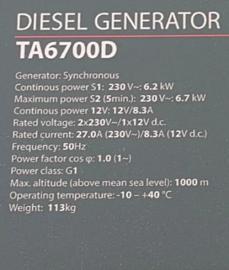 Генератор дизельный Tagred TA6700D 6,7 кВт – это однофазный профессиональный агр. . фото 4