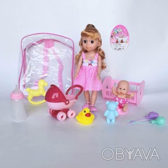 Кукла LD5402-19D пупсик, колясочка, кроватка, лошадка, мишка и бутылочка, в рюкз. . фото 1