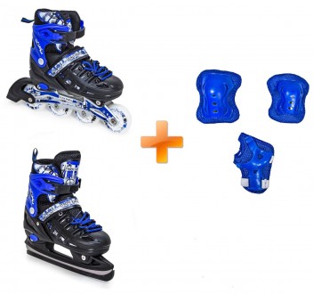 Ролики-коньки + защита (на колени, локти и ладони) 2-в-1 Scale Sport. Синие, раз. . фото 2