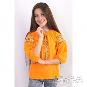 Чудова яскрава трикотажна вишиванка для дівчинки насиченого оранжевого кольору в. . фото 1