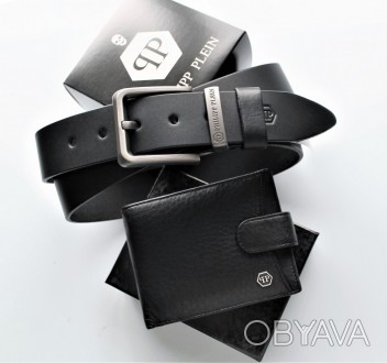 Мужской подарочный набор ремень и кошелек Philipp Plein black