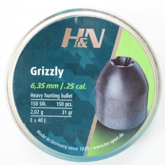 Пули для пневматики H&N Grizzly, 150шт., 2.02гр, 6.35 mm
Grizzly - это тяжёлая п. . фото 2