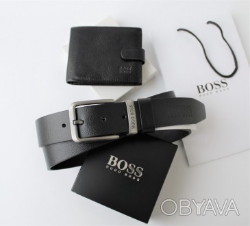 Мужской подарочный набор Hugo Boss ремень и кошелек black